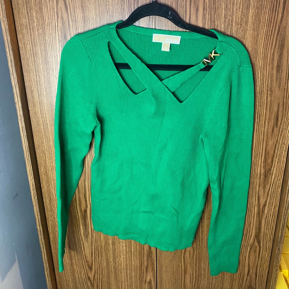 Michael Kors Ribbed Knit Top‎ Womens Large Green Crisscross Neck MK Logo Sweater